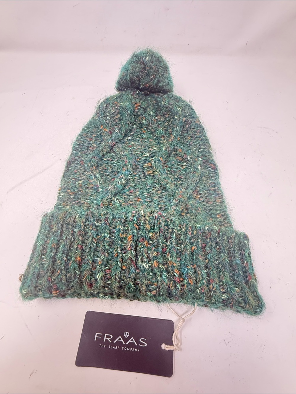 New FRAAS Women’s Green Marled Knit Pom Pom Beanie Hat Logo Stretch One Size
